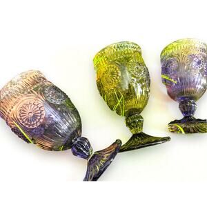 Vintage-Style Pressed Glass Goblets – Set of 6 (Pink, Purple, Green, Blue)